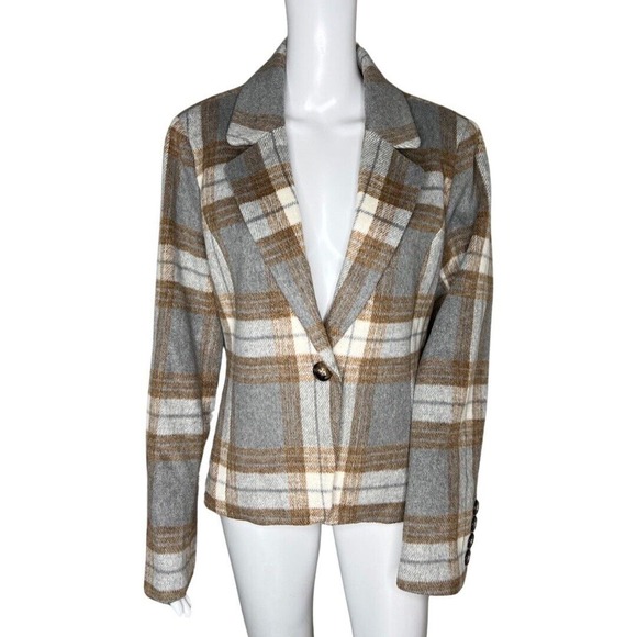 Bagatelle Jacket Womens Large Tan Gray Plaid Bohemian Light Academia Neutral - Picture 1 of 9